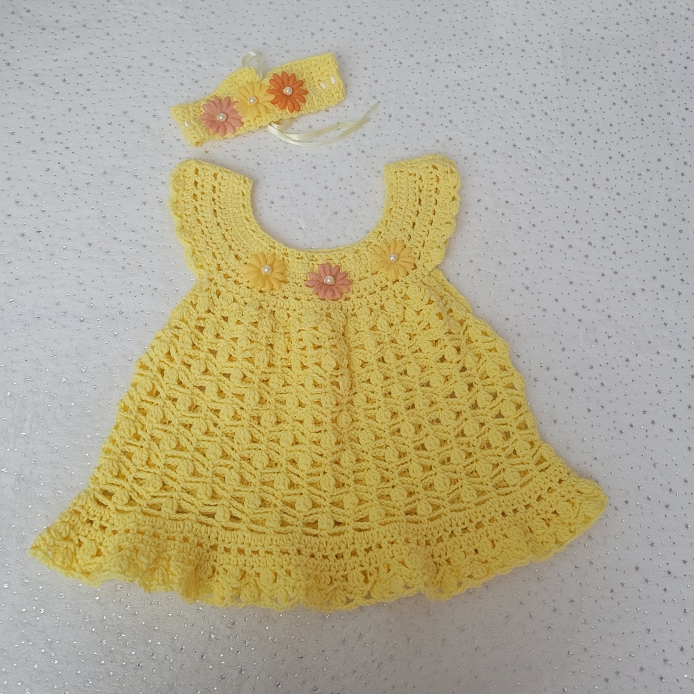 Handmade yellow Crochet baby dress with headband set.